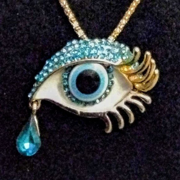 Salvatore Dali Eye Time Blue Rhinestone & Enamel Evil Eye Art Pendant & Necklace - Picture 3 of 13